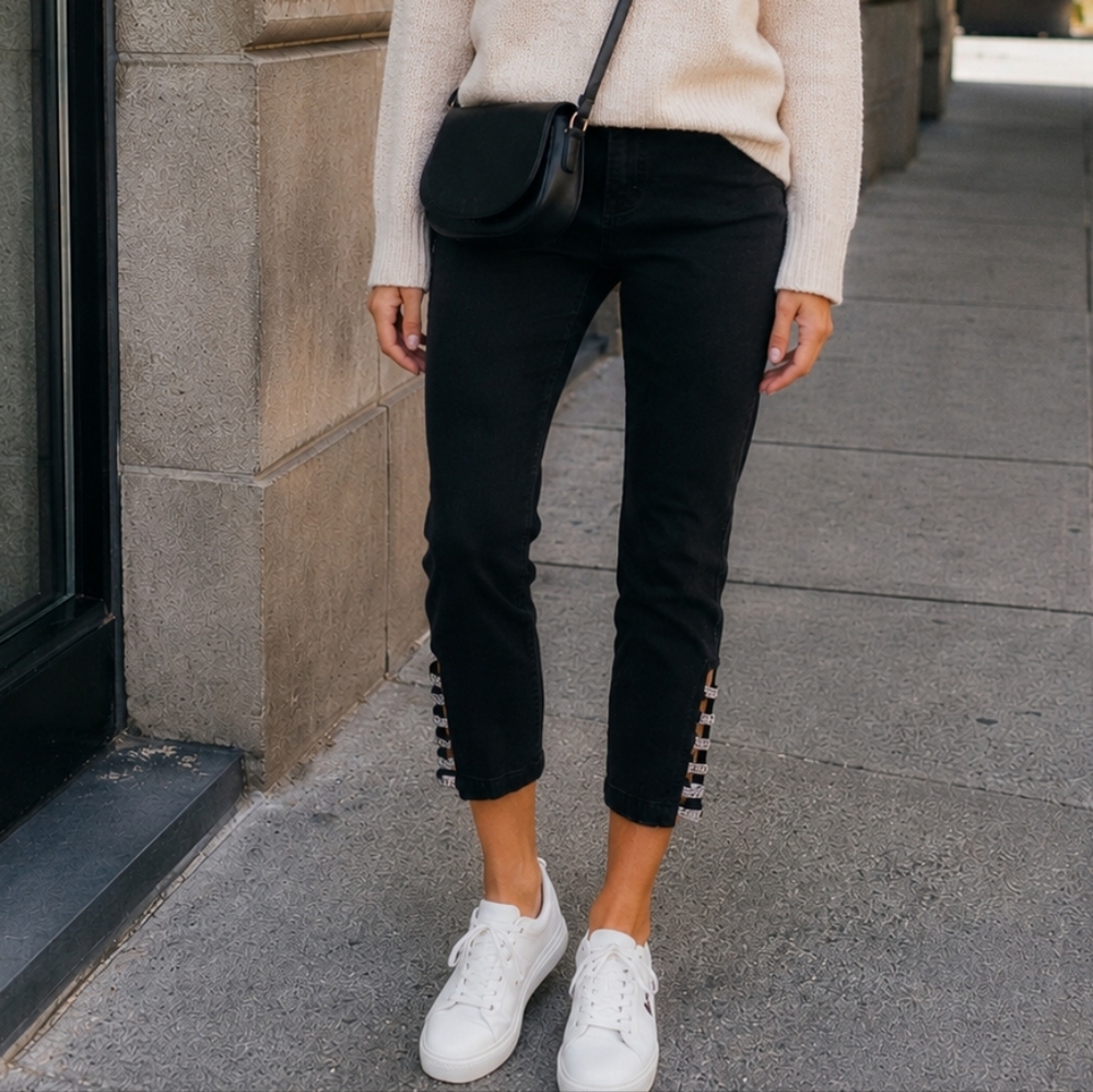Black Cropped Women’s Pants with Rhinestone Detail